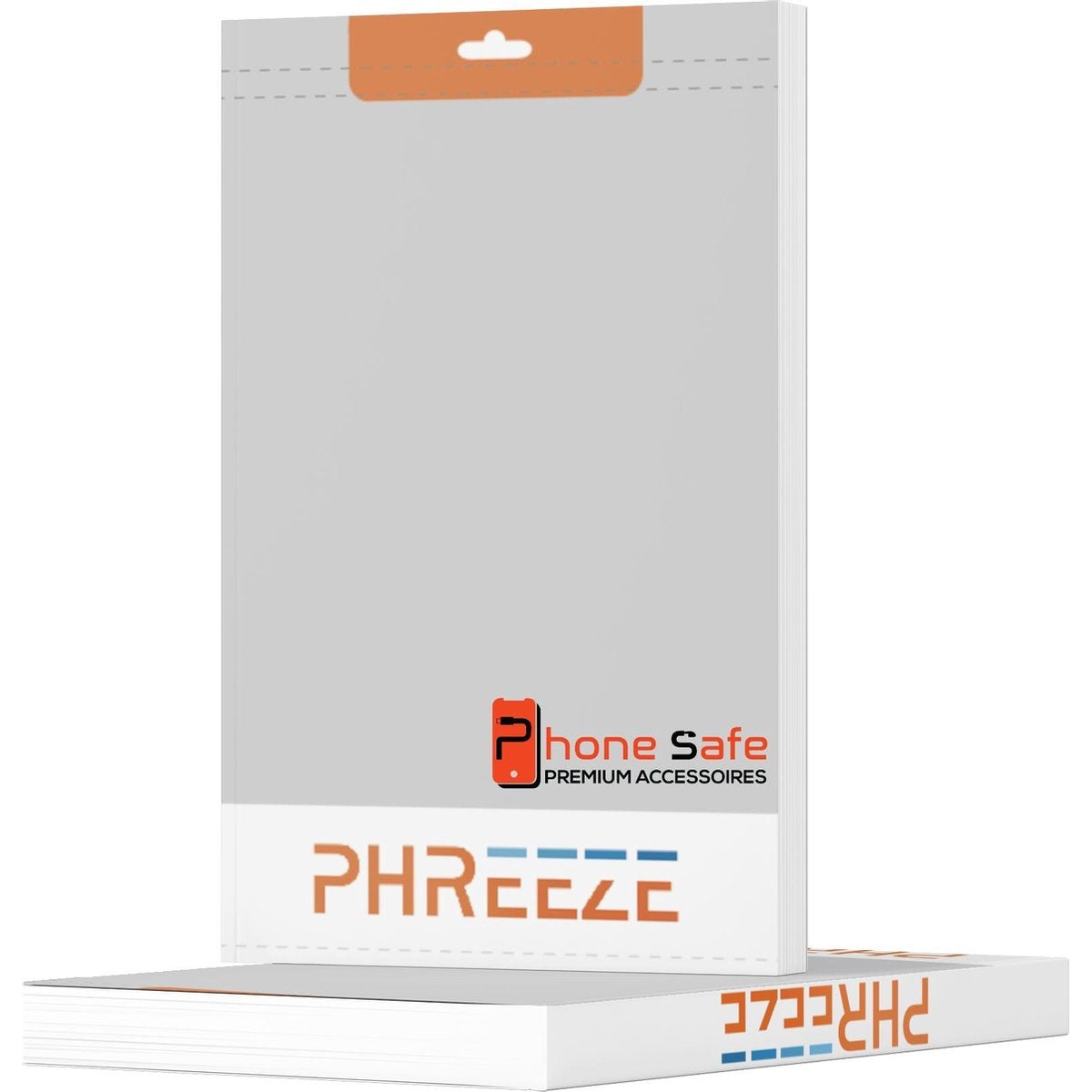Een verpakking voor een beschermfolie voor telefoonschermen. De verpakking is wit met oranje en blauwe tekst. De merknaam is Phone Safe.