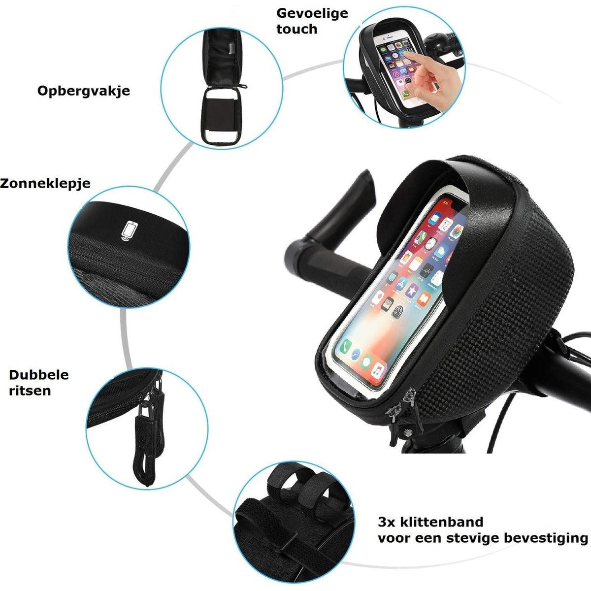 Black phone holder on bike handlebars, with detail shots: storage, zipper, sun visor, touch, and straps.