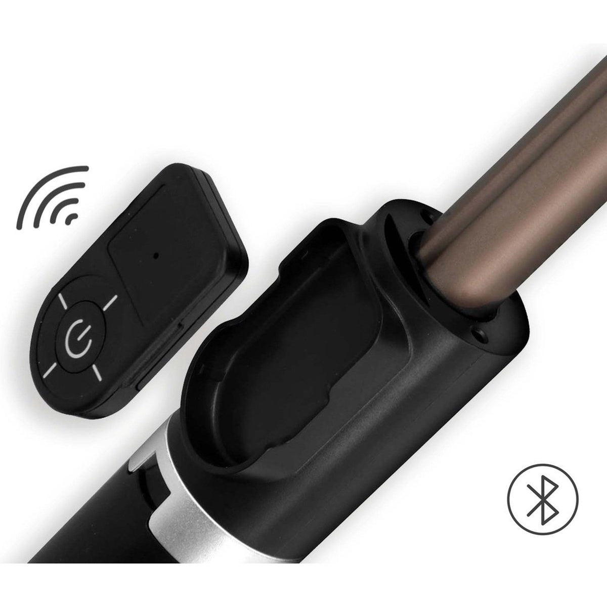 A black curling iron with a remote. A wireless icon and Bluetooth symbol are visible. The curling iron has a bronze barrel.
