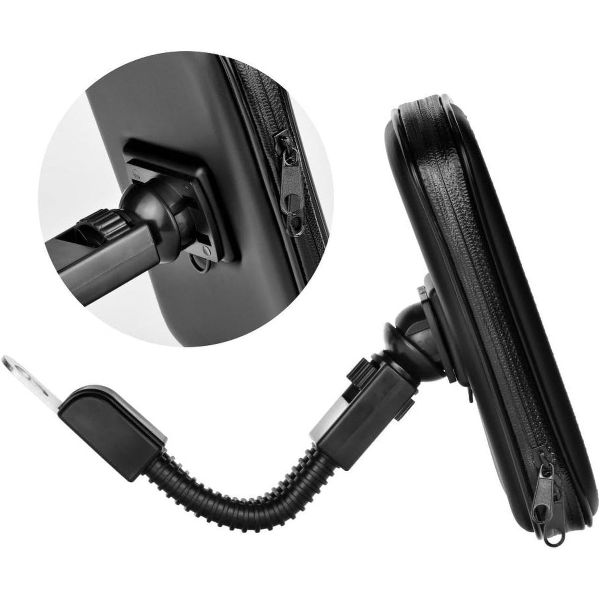A black smartphone holder with a flexible neck and zipper detail. The holder is mounted on a black base.