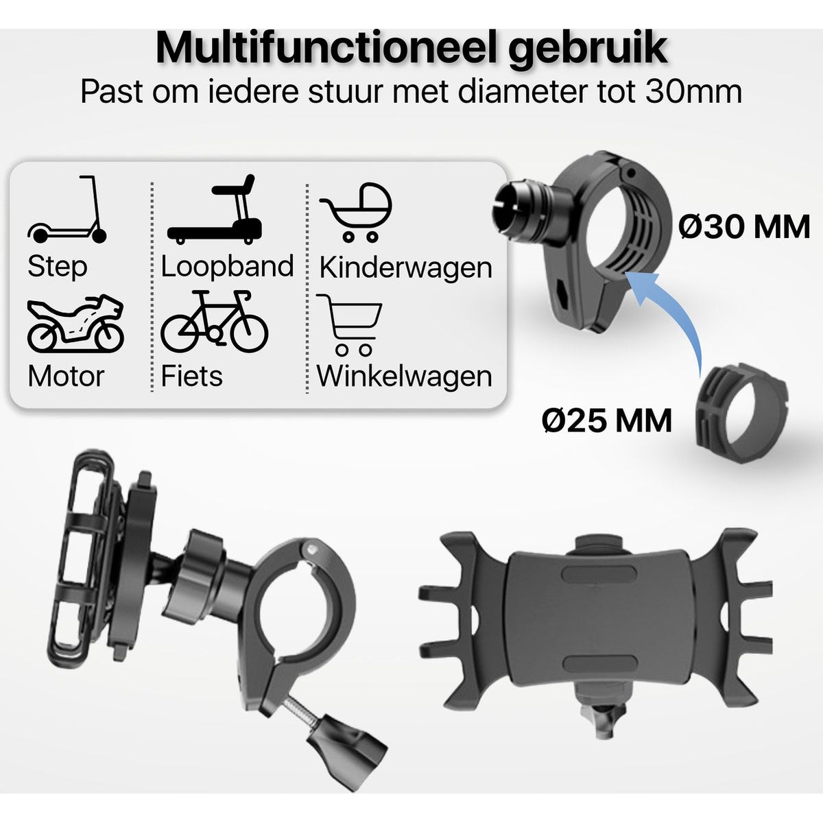 Afbeelding toont een zwarte telefoonhouder en accessoires. Tekst geeft multifunctioneel gebruik aan met diagrammen van verschillende toepassingen.