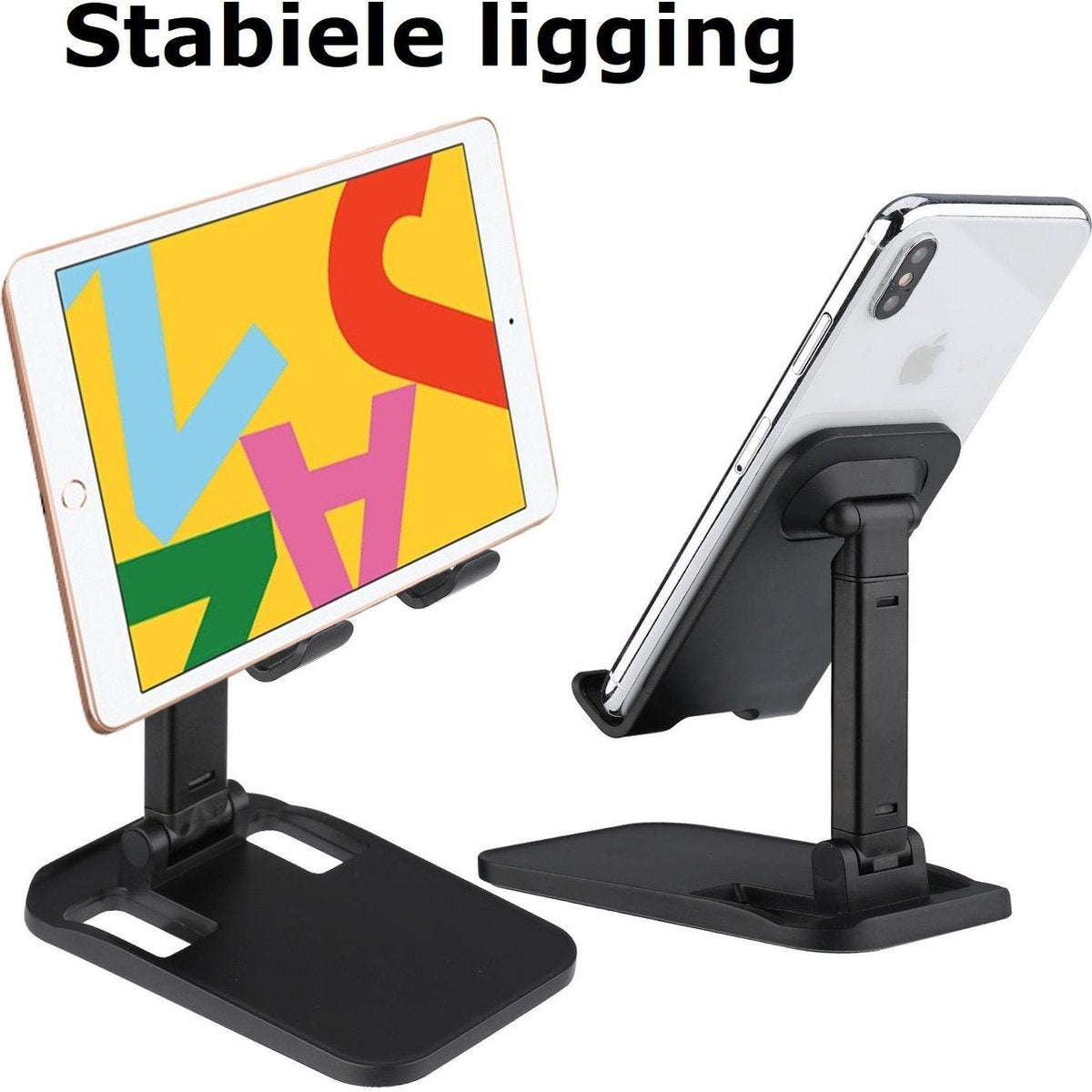 Twee zwarte telefoon- en tablethouders. Eén houdt een tablet met kleurrijke vormen vast, de ander een smartphone.