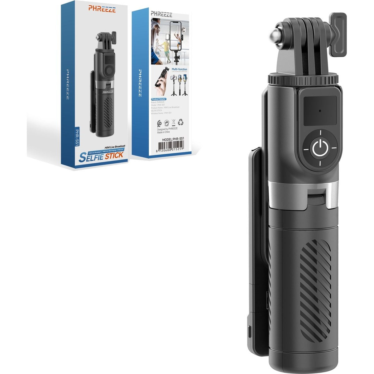 A black selfie stick with a power button and a box with the product name and brand.