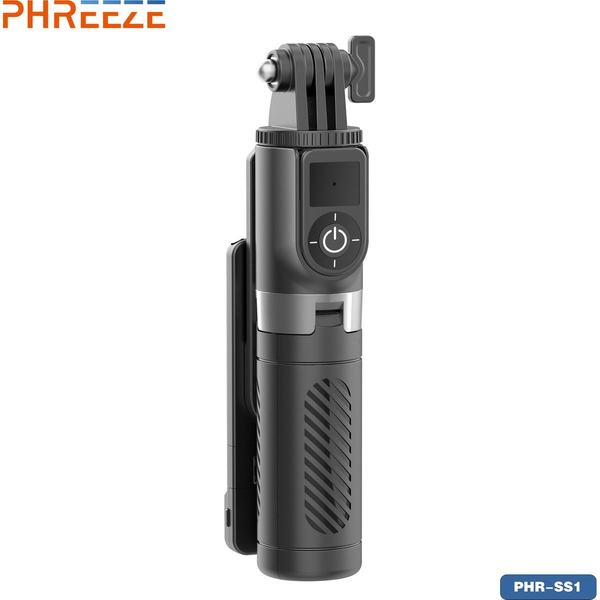 Black selfie stick with a power button, a mount for a camera, and the brand name PHREEZE.