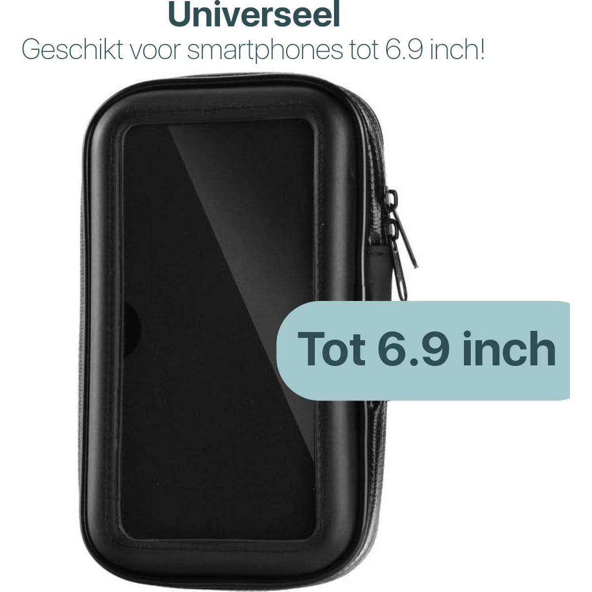 A black phone case with a clear window, the text 'Universel' and 'Tot 6.9 inch' are visible. It is made for smartphones.