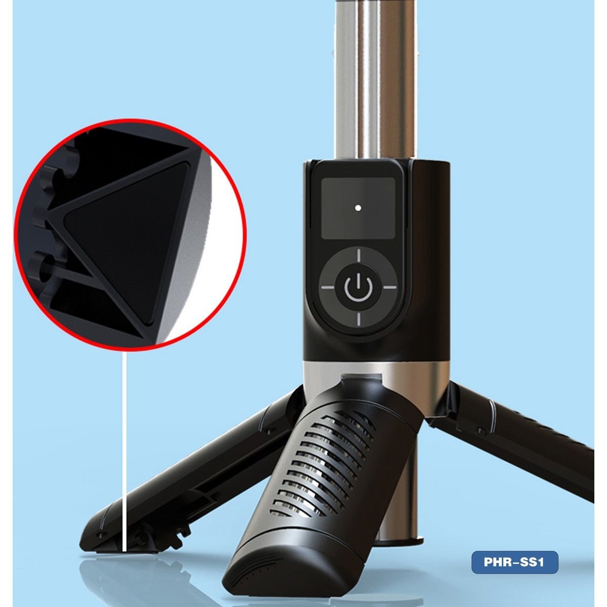 A black tripod with a control panel and legs is on a blue background. A close-up shows a black triangular part.