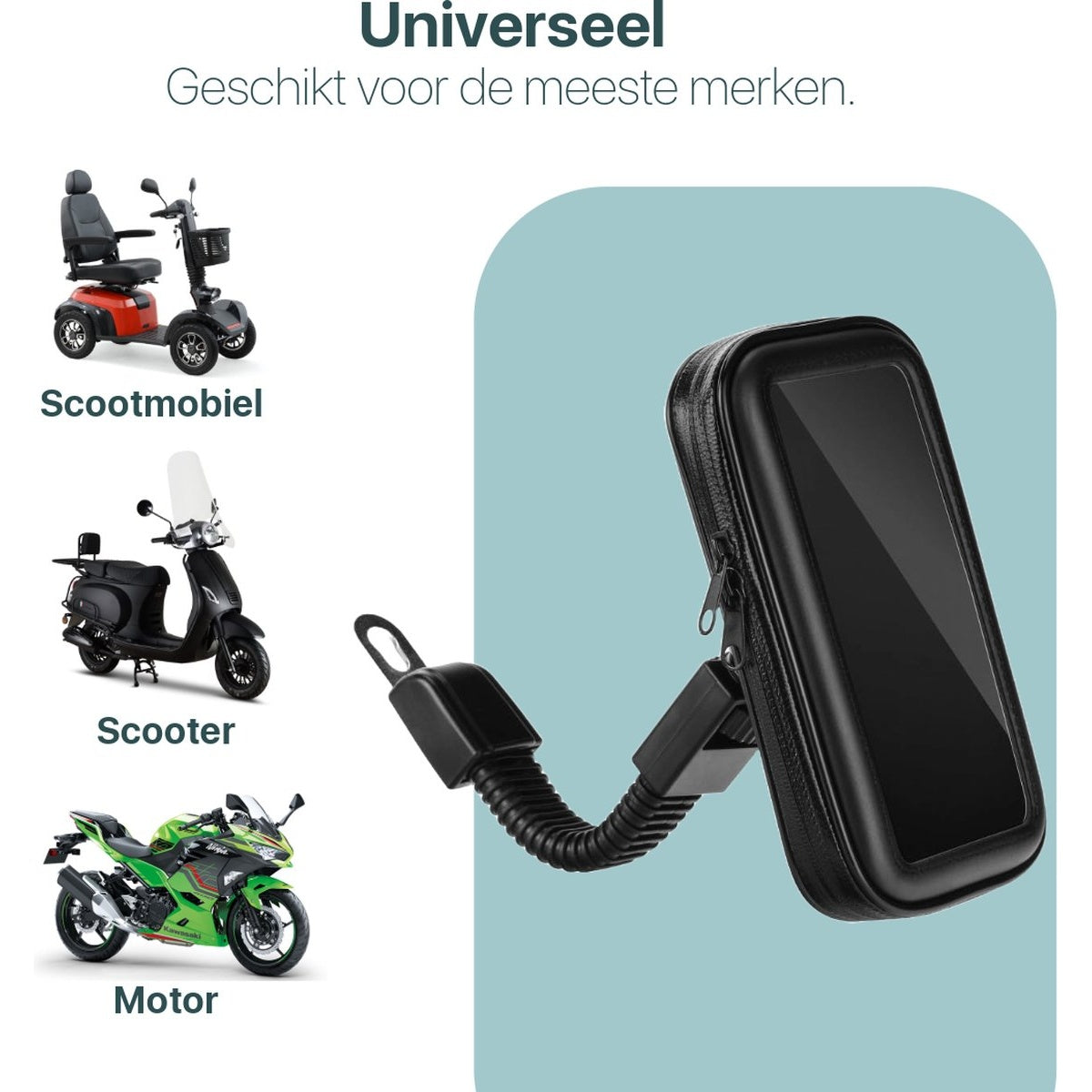 Image shows a phone holder with a zipper, and three vehicles: a red scooter, a black scooter, and a green motorcycle.