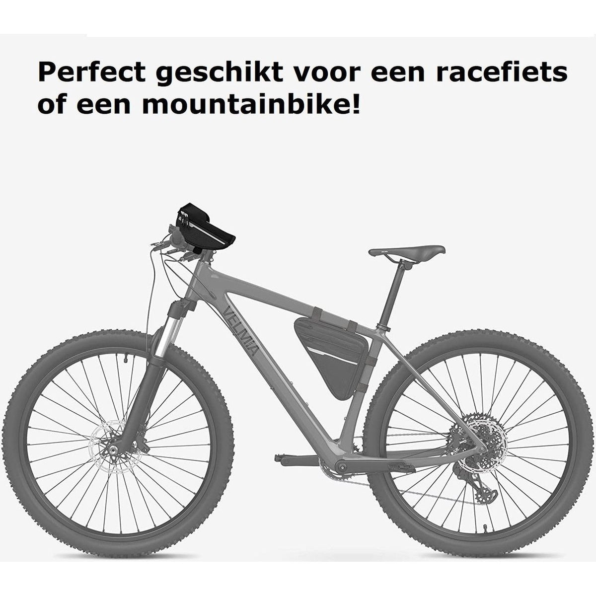 A gray mountain bike with attached bags. Text at the top states: 'Perfect for a road bike or a mountain bike!'
