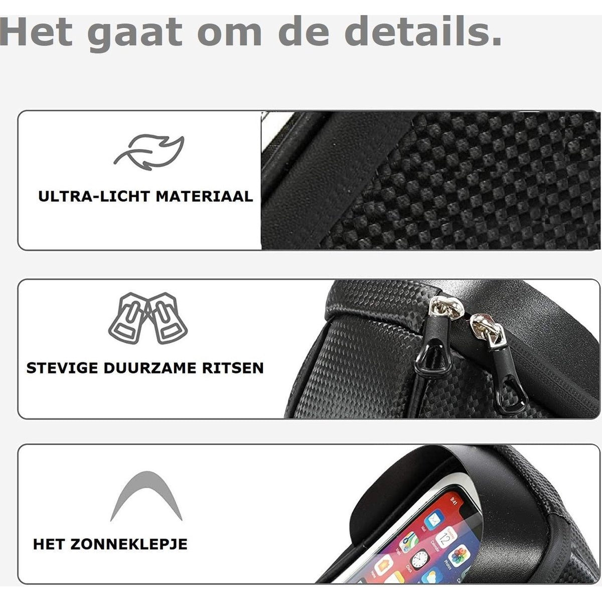 Image shows details: ultra-light material, durable zippers, and a sun visor. A phone with apps is visible in the bottom section.