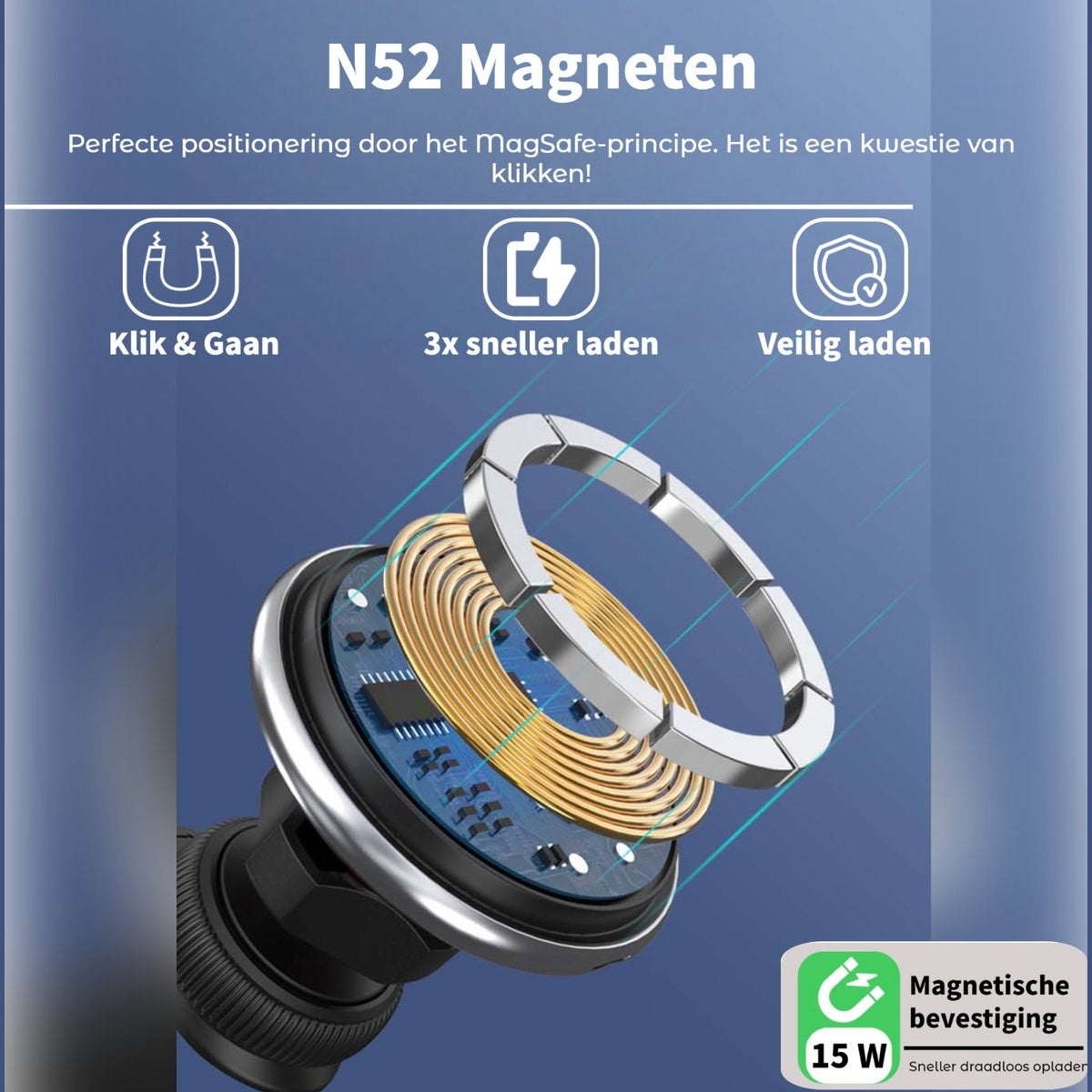 An exploded view of a wireless charger showing internal components and a silver ring. Text at the top: N52 Magneten.