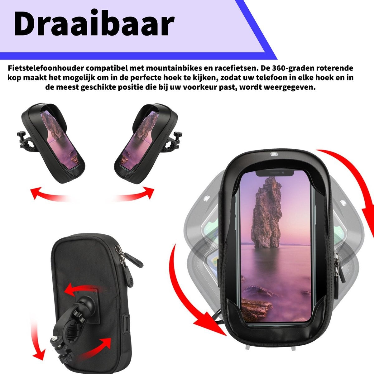 Een afbeelding met een telefoonhouder voor fietsen. Het is zwart en heeft een draaiende kop. Pijlen geven de rotatie aan. De telefoon toont een berglandschap.