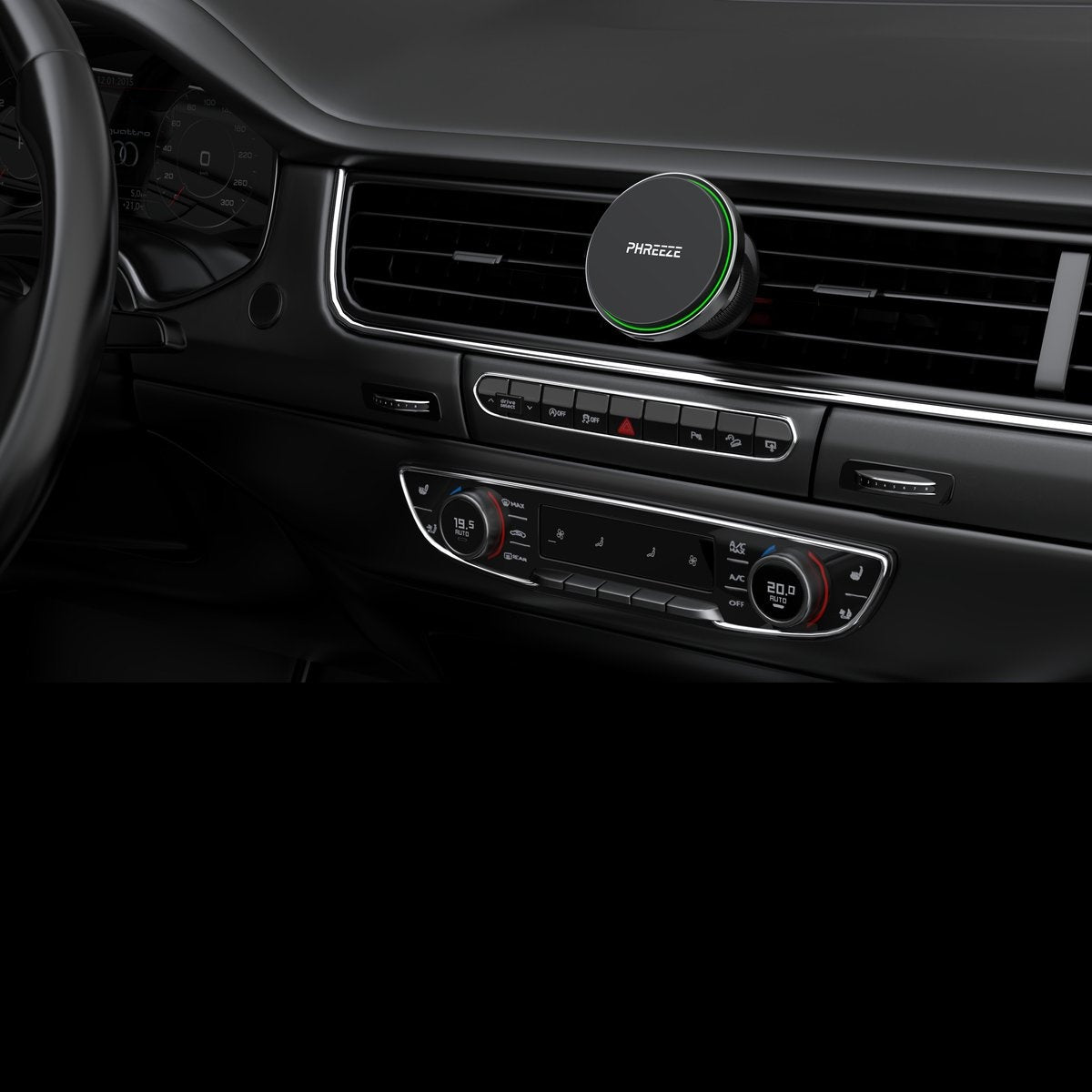 Car dashboard with a phone holder labeled PHREEZE. Climate control buttons and vents are visible. The car's speedometer is shown.