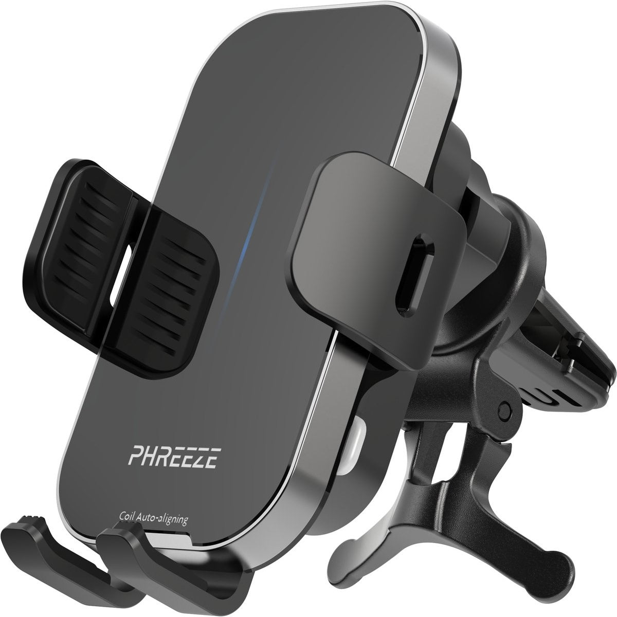Een zwarte telefoonhouder voor in de auto met de merknaam 'PHREEZE'. De houder heeft een strak ontwerp met een zilveren rand.