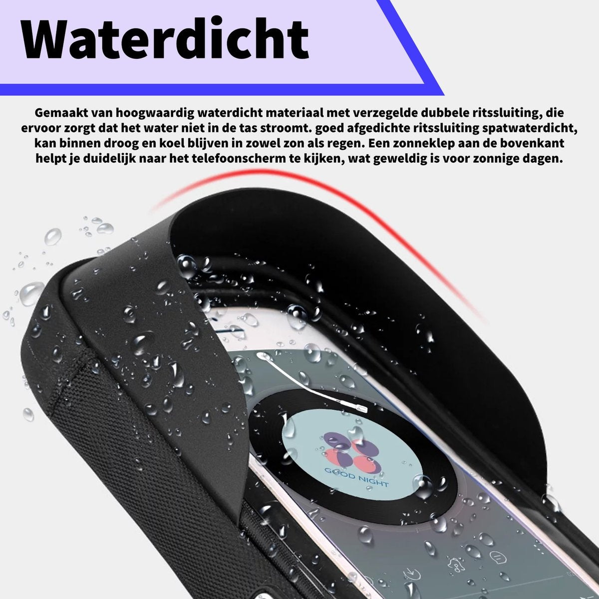Zwarte waterdichte telefoonhoes met zichtbaar scherm. Waterdruppels zijn zichtbaar op de hoes. De hoes staat voor een witte achtergrond.