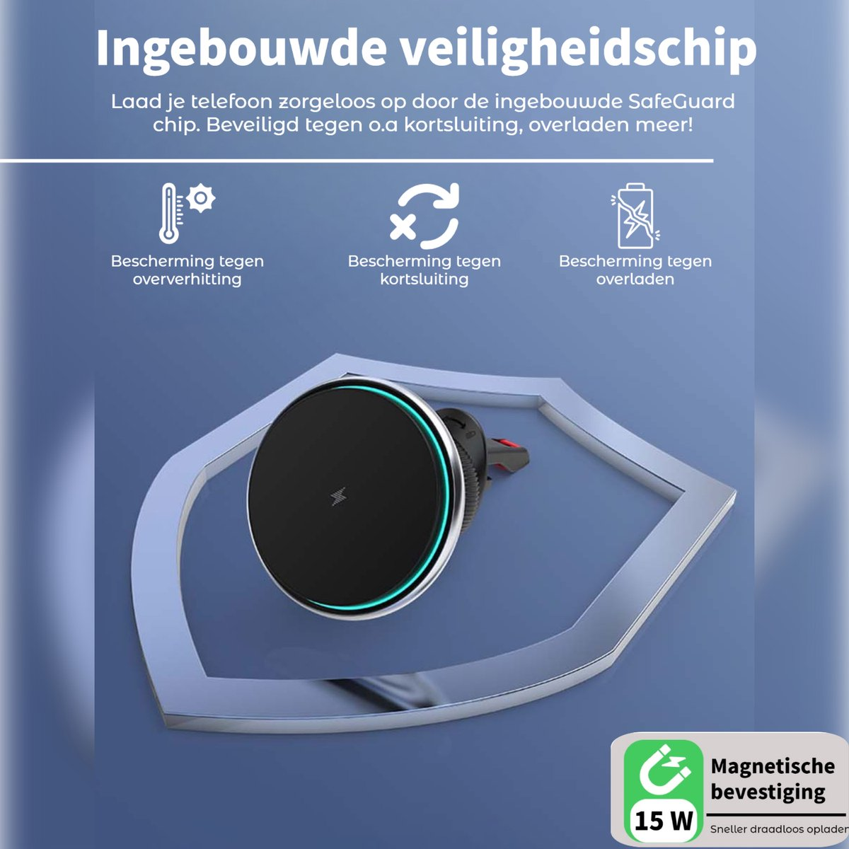 A wireless charger with safety features. Icons show protection against overheating, short circuits, and overcharging. It has 15W magnetic charging.
