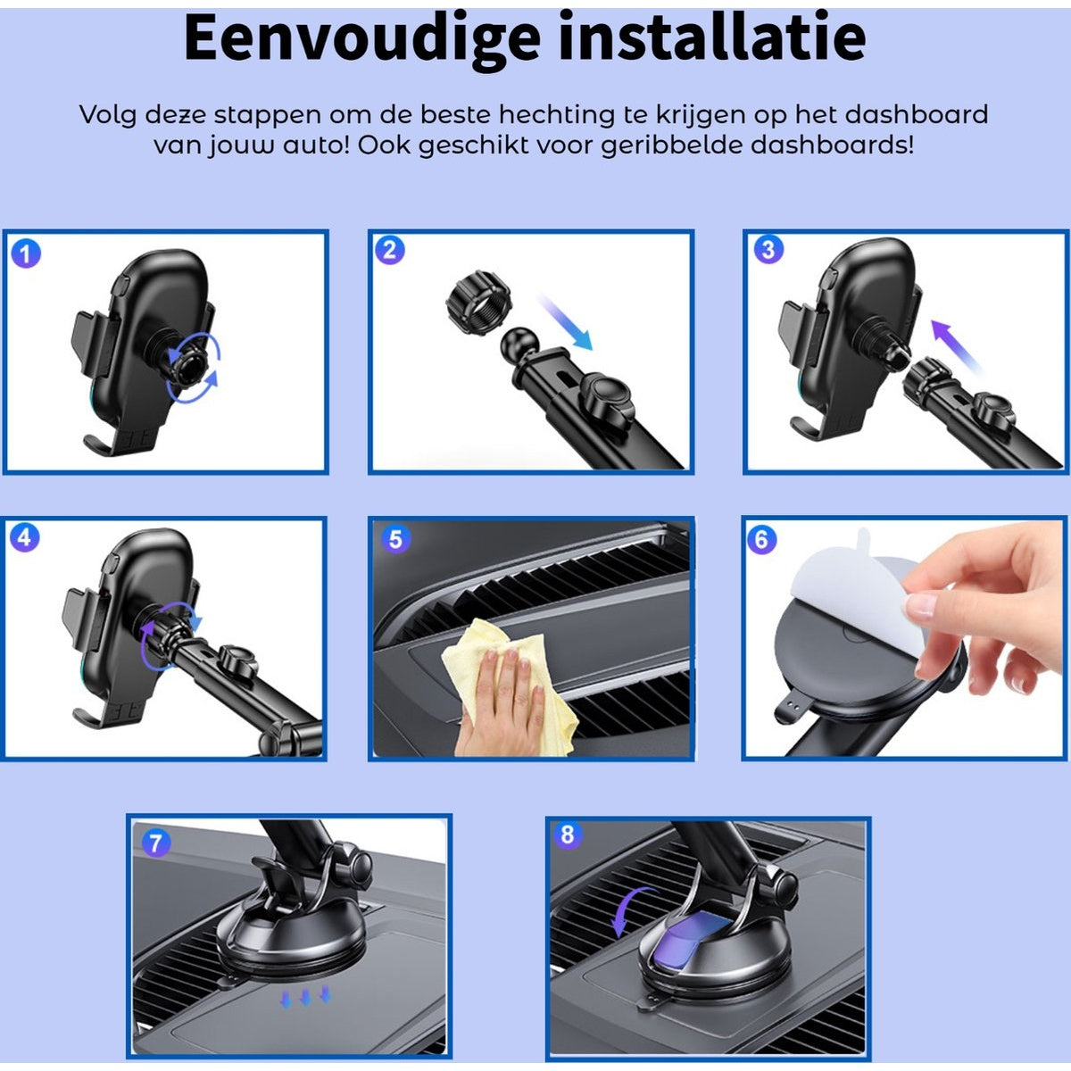 Instructies voor het installeren van een telefoonhouder in de auto. Stappen 1-8 tonen montage op het dashboard.