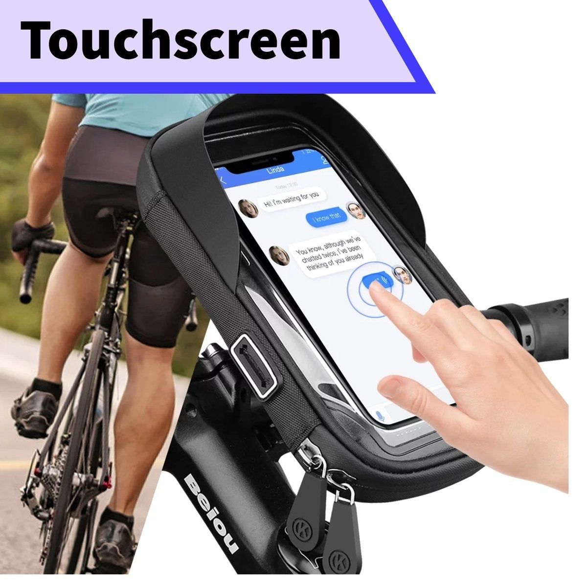 Een fietser met een touchscreen telefoon op het stuur. De telefoon toont een chat met een bericht. Een vinger raakt het scherm aan.