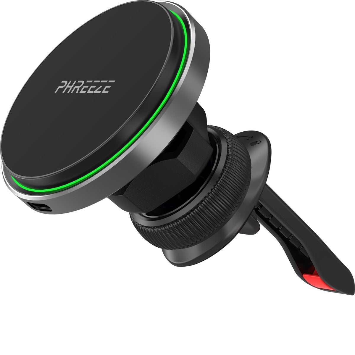 A black car phone holder with a magnetic surface, green accents, and the word 'PHREEEE' printed on it. The holder is angled.