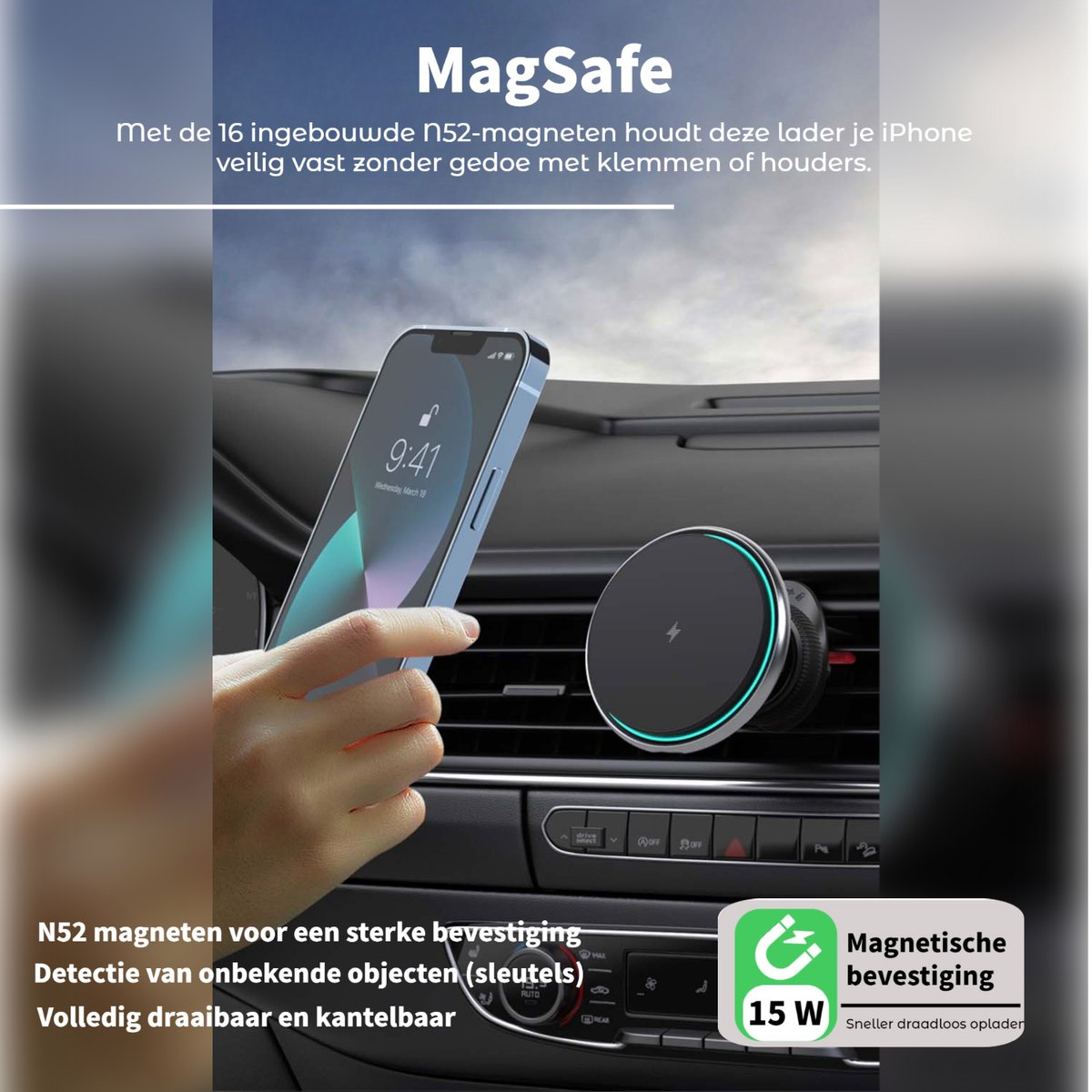 A phone is mounted on a magnetic charger in a car. The phone displays the time. Text describes the charger's features.