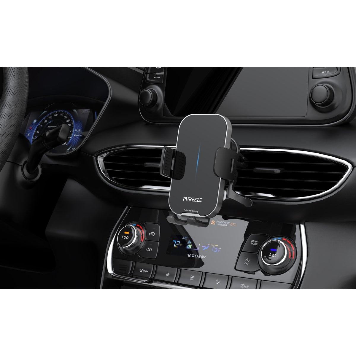 Auto-interieur met dashboard, telefoonhouder en klimaatregelaars. Airco staat op 72 graden. Dashboard toont snelheid.