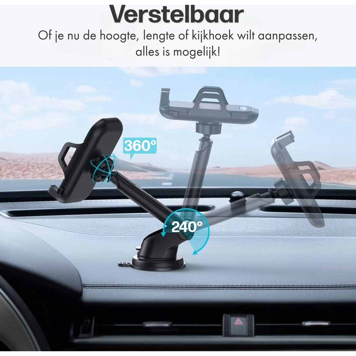 Een zwarte telefoonhouder wordt getoond op een autodashboard. Het heeft 360 en 240 graden instelopties. De achtergrond toont een lucht.