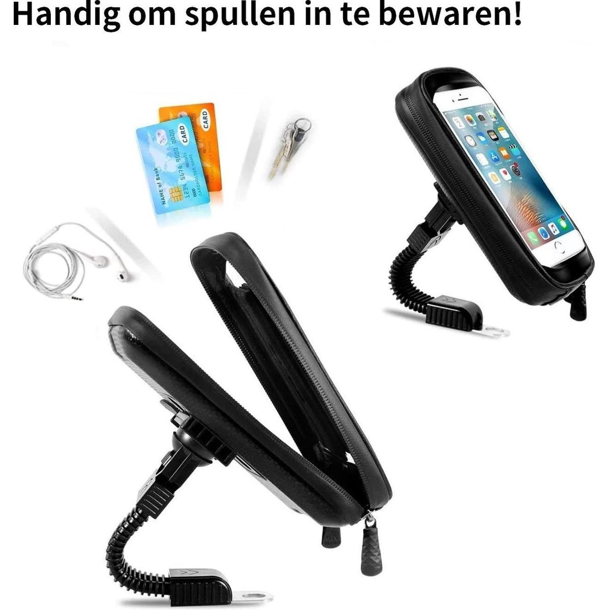 Afbeelding toont een telefoonhoesje met telefoon, creditcards, sleutels en oortelefoons. De Nederlandse tekst betekent 'Handig om spullen in te bewaren!'
