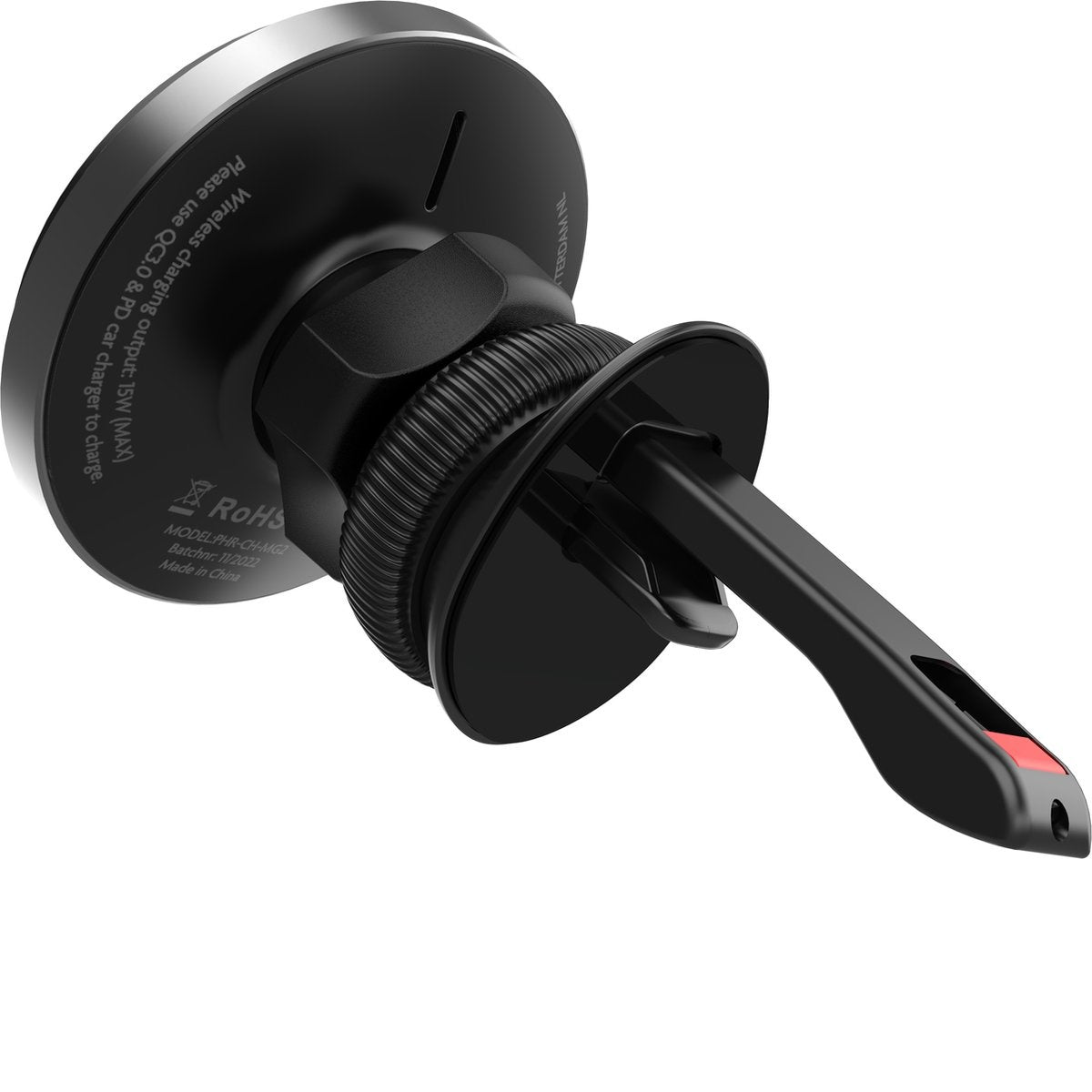 A black car phone charger with a circular charging pad, a vent clip, and product information, including RoHS and model details.
