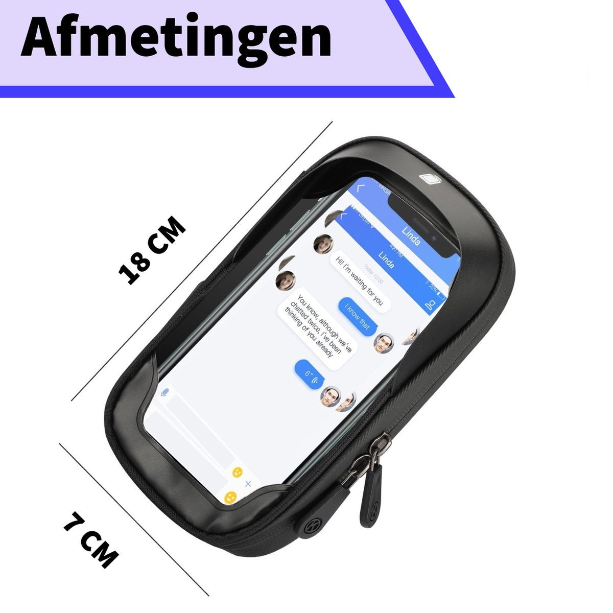 Een telefoon in een zwarte hoes toont een chat met 'Linda'. Afmetingen zijn 18 cm x 7 cm. Tekst 'Afmetingen' bovenaan.