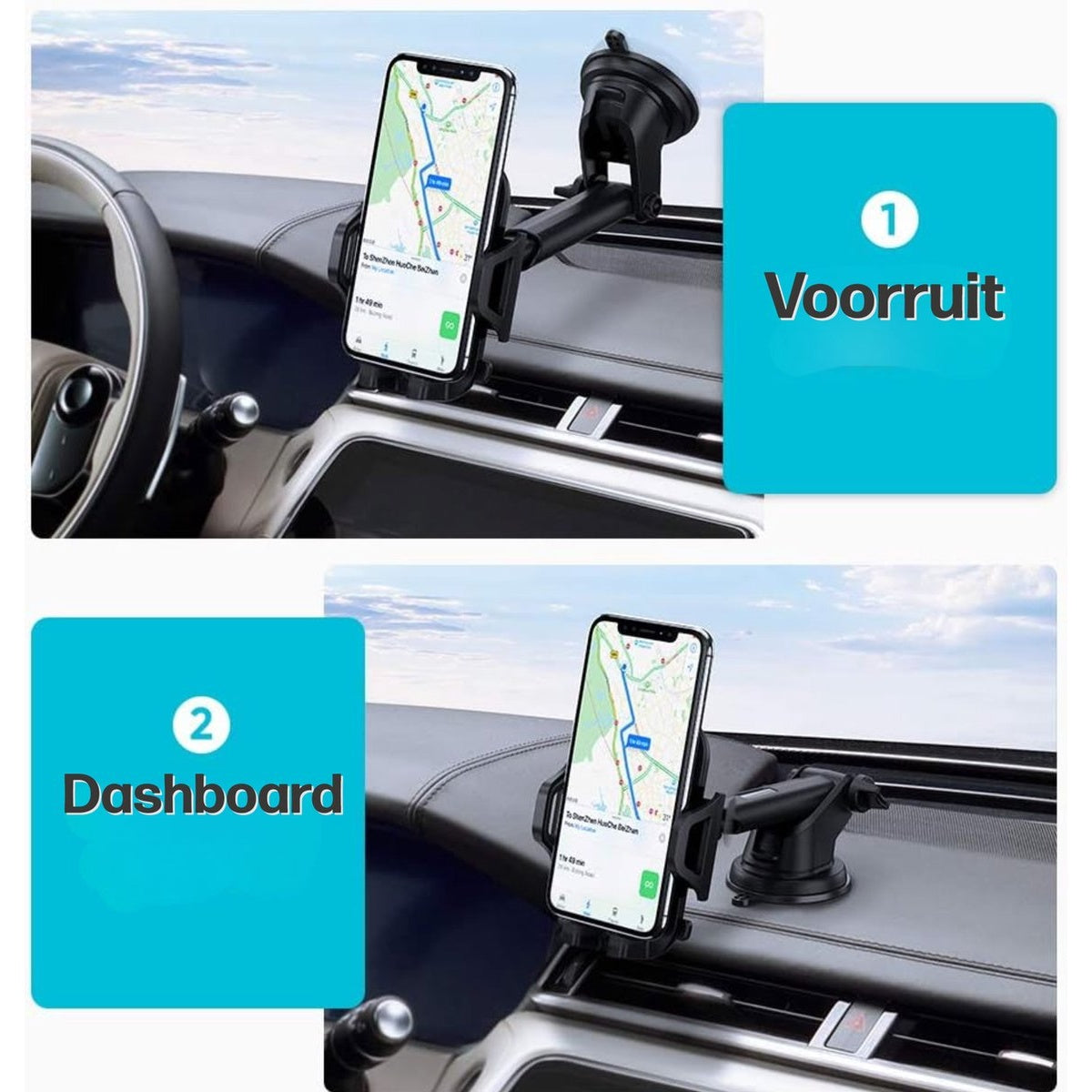 Een smartphone in een autohouder, met een navigatiekaart. De houder is op het dashboard gemonteerd. Stuur en dashboard zijn te zien.