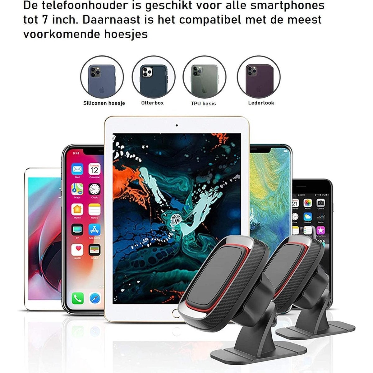 Afbeelding toont telefoons, tablets en telefoonhoesjes. Een telefoonhouder staat op de voorgrond. Nederlandse tekst beschrijft het product en compatibiliteit.