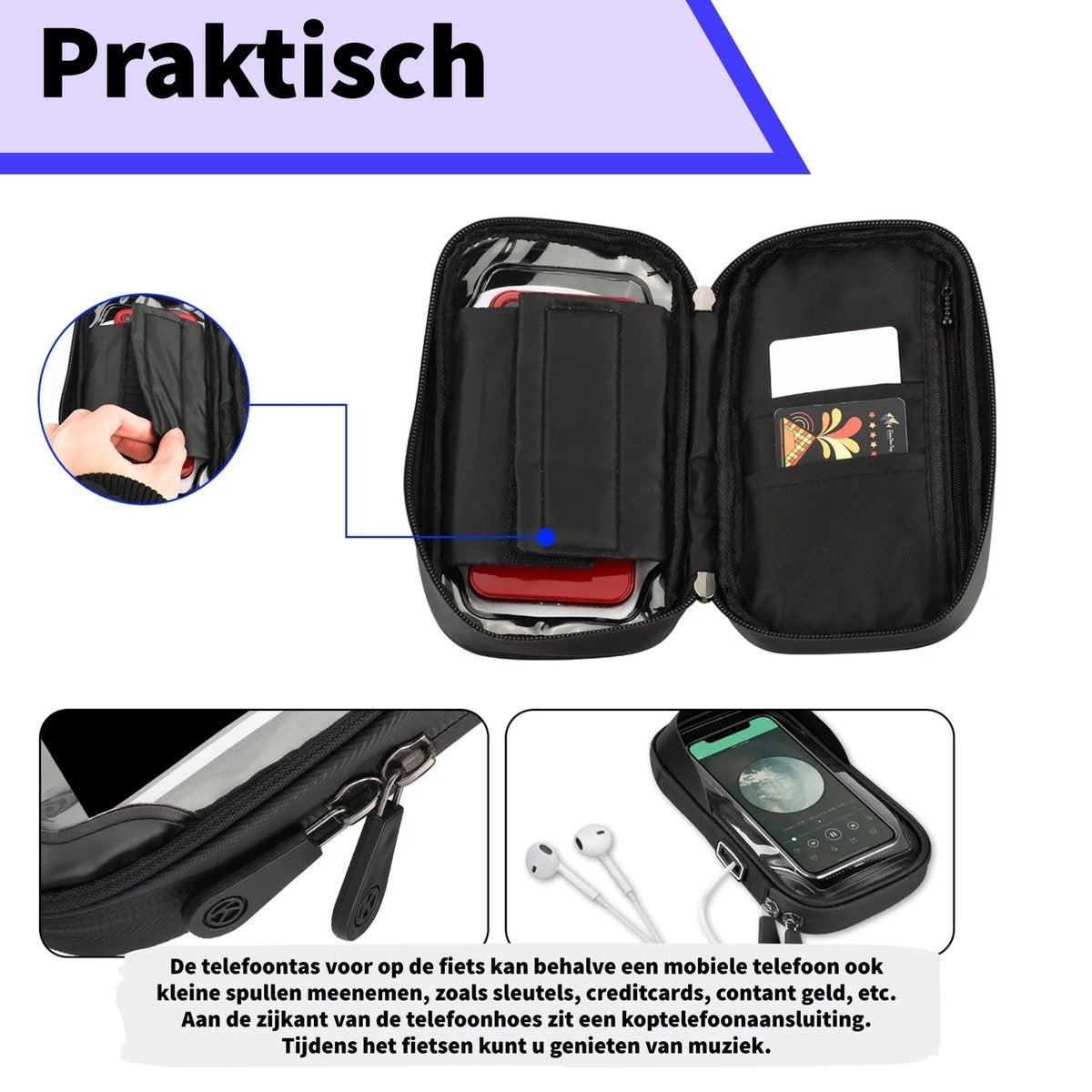 Een zwarte telefoonhoes met een telefoon erin en andere compartimenten. Tekst zegt 'Praktisch' en beschrijft de kenmerken.