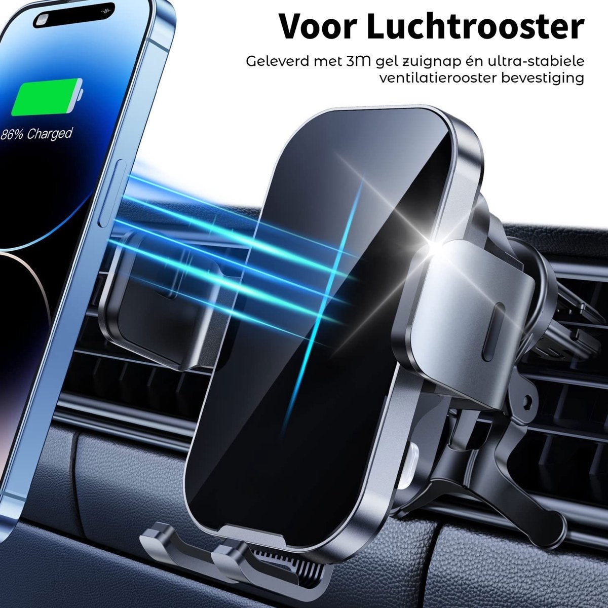 Een telefoon die oplaadt in een autohouder. De telefoon geeft 86% lading weer. De houder zit op het ventilatierooster.