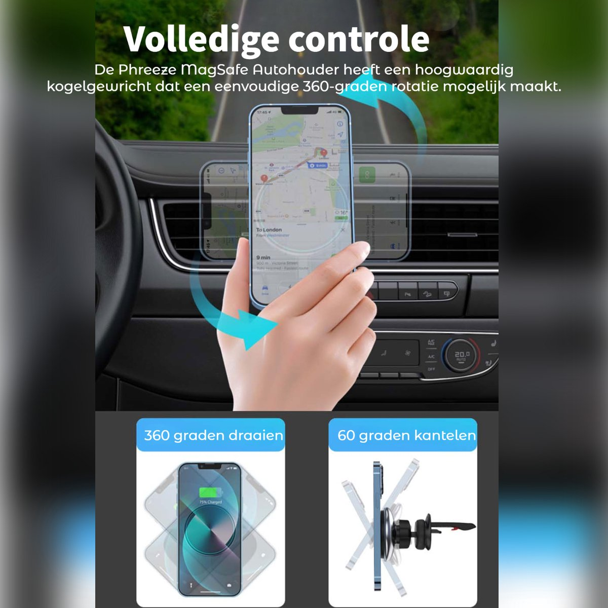 Hand holding a smartphone in a car, showing a map. Text indicates 360-degree rotation and 60-degree tilt capabilities.
