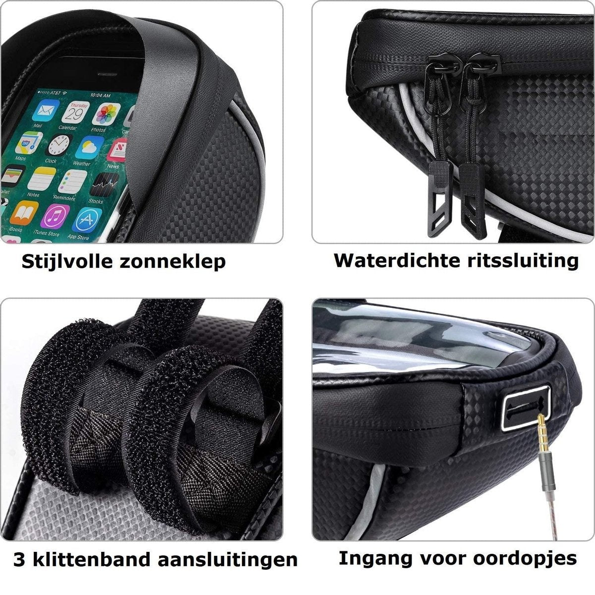 Zwarte telefoonhoes met scherm, rits, riemen en koptelefoonaansluiting. Teksten: Stijlvolle zonneklep, Waterdichte rits, 3 klittenbandverbindingen.