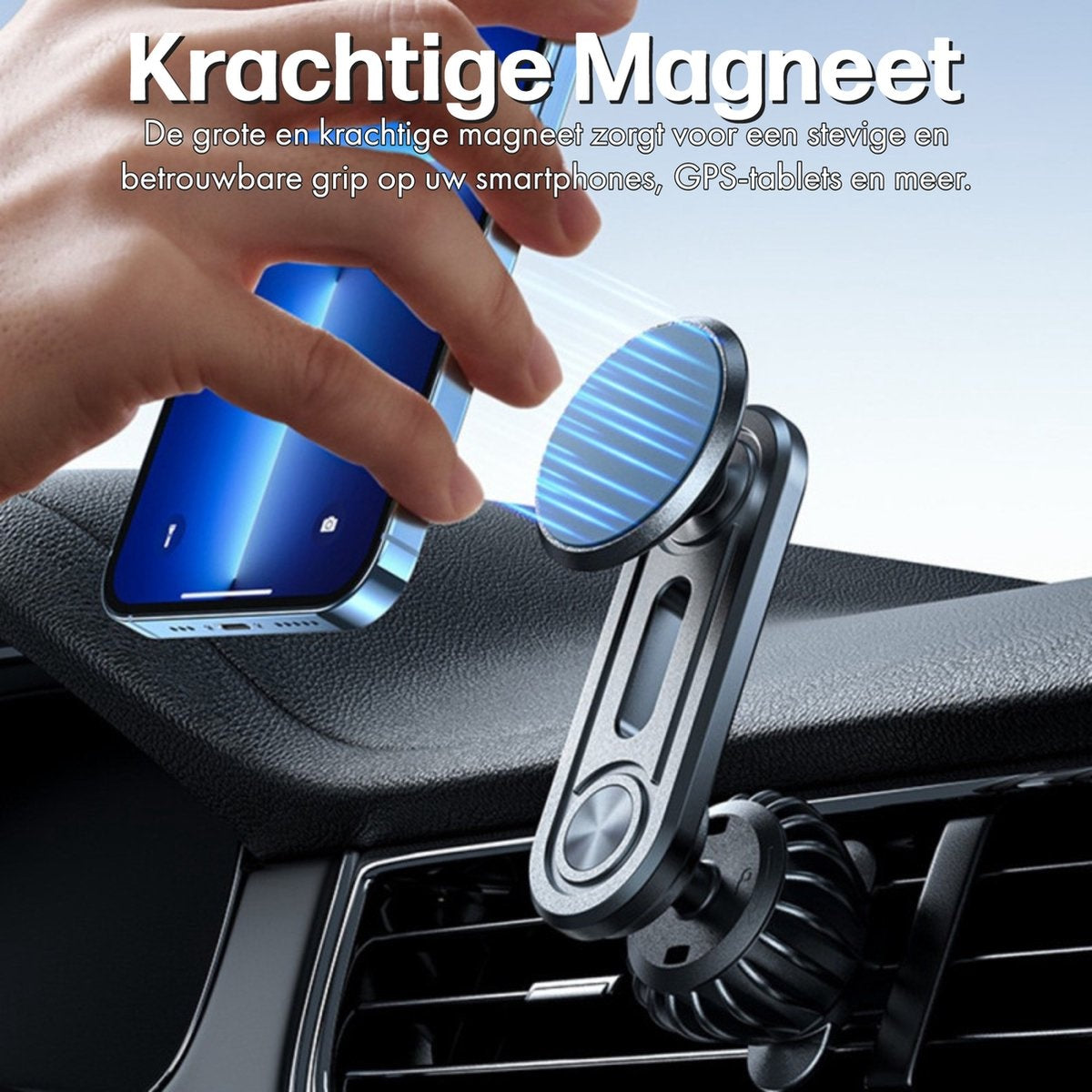 Een hand plaatst een smartphone op een telefoonhouder voor in de auto. De houder is bevestigd aan de ventilatie.