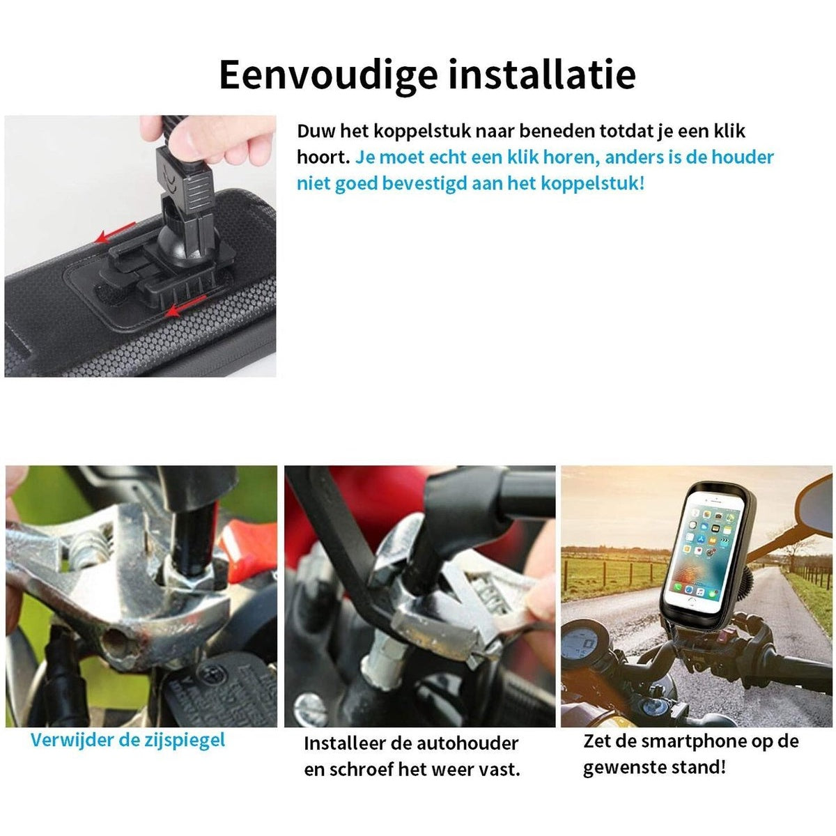 Instructies voor het installeren van een telefoonhouder voor motorfietsen. Bevat stappen voor het verwijderen van de spiegel, het installeren van de houder en het plaatsen van de telefoon.
