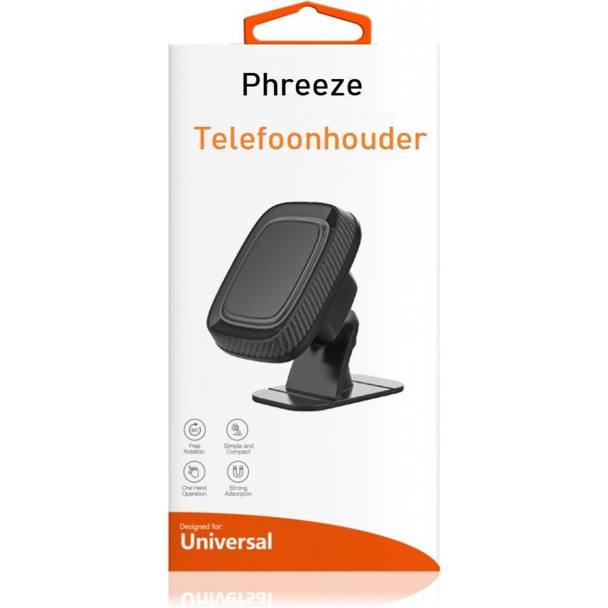 Een telefoonhouder op een witte doos. Op de doos staat 'Phreeze Telefoonhouder' met iconen en 'Universal'. De houder is zwart.