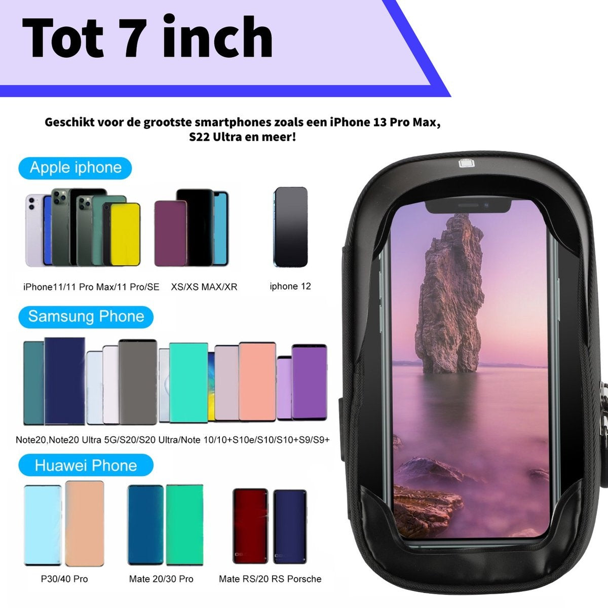 Afbeelding toont een telefoonhoesje met een telefoon erin. Er worden merken van telefoons vermeld: Apple, Samsung en Huawei, met modelnamen.