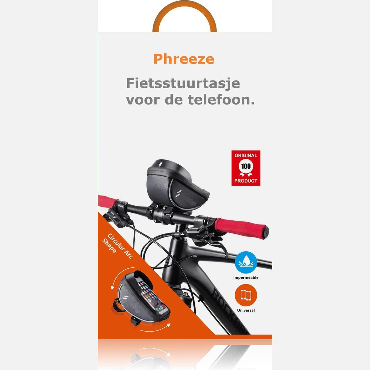 Een fiets met een telefoonhouder op het stuur. De afbeelding toont een telefoonhoesje bevestigd aan de fiets, met tekst die de waterdichte en universele eigenschappen aangeeft.