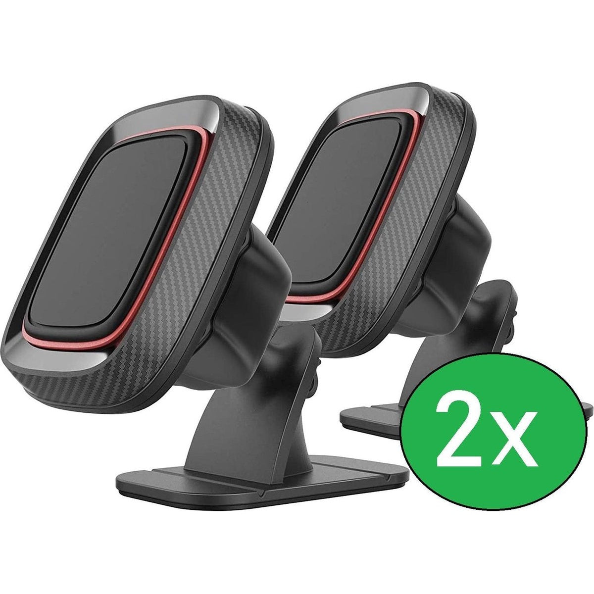 Twee zwarte telefoonhouders voor in de auto met rode accenten en koolstofvezeltextuur, op een witte achtergrond. Groene cirkel met 2x.
