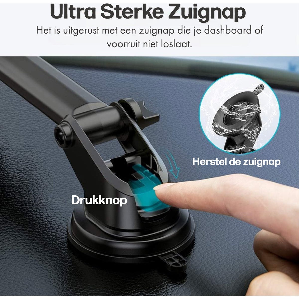 Een zwarte telefoonhouder voor in de auto met een zuignap, een vinger drukt op de knop. Tekst: 'Ultra Sterke Zuignap' en 'Drukknop'.