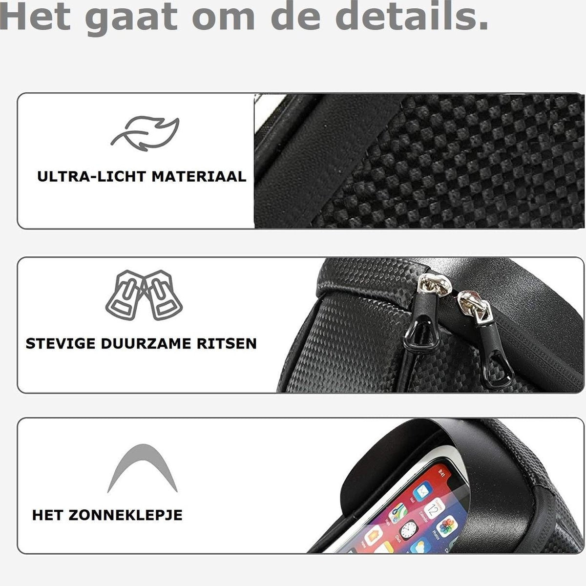 Afbeelding toont details van een zwarte tas. Het benadrukt ultralicht materiaal, duurzame ritsen en een zonneklep. Een telefoon met app-iconen is zichtbaar.