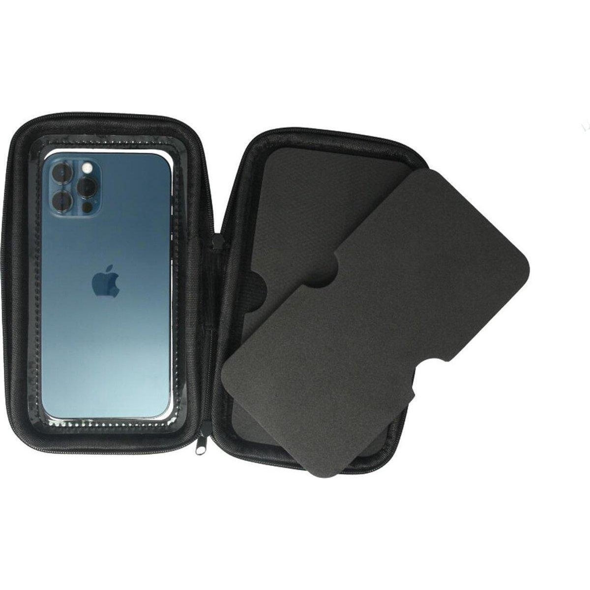 Een zwarte telefoonhoes met een telefoon erin. Rechts is een zwart schuimrubberen inzetstuk zichtbaar.