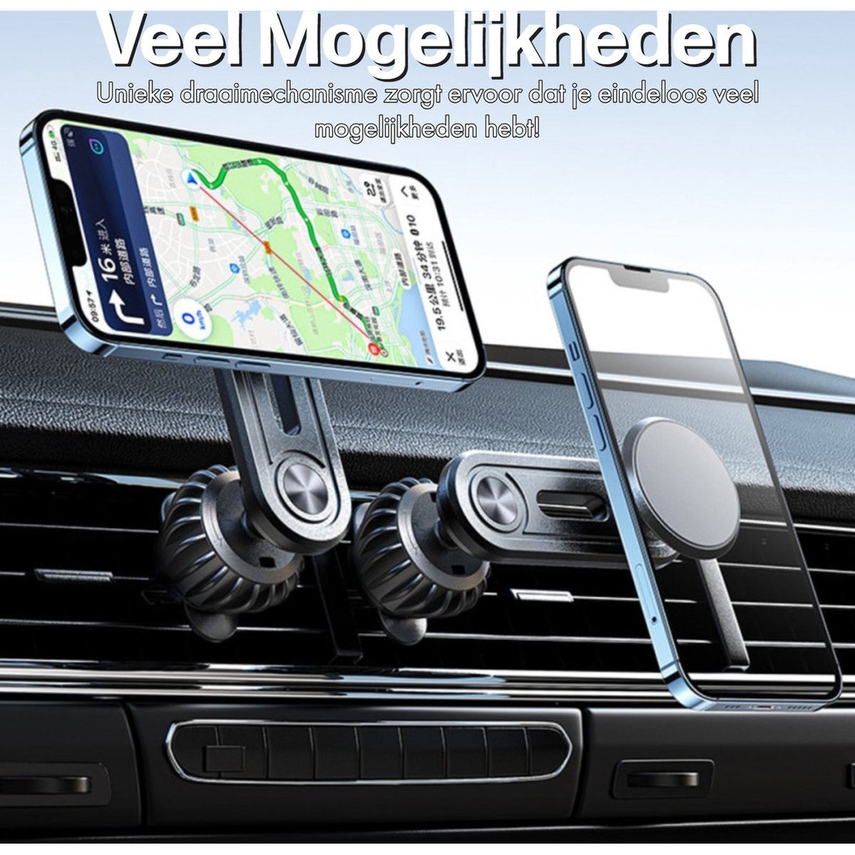 Twee telefoons in een auto, één toont een kaart. De telefoons worden vastgehouden door een houder. De achtergrond is het dashboard.