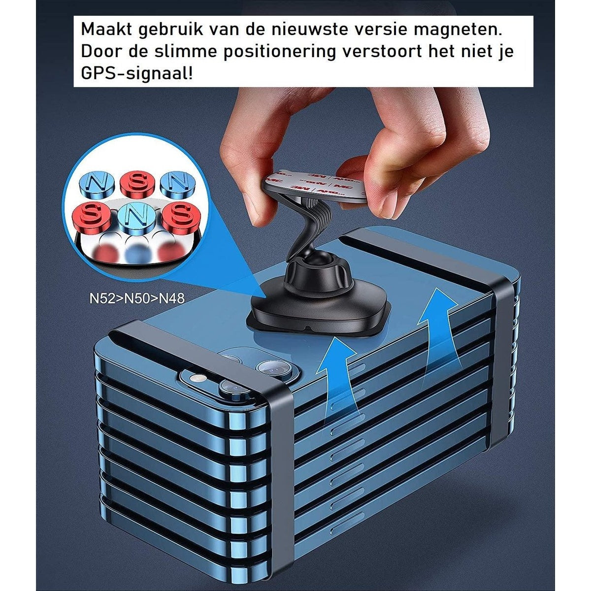 Hand die een telefoonhouder vasthoudt, magneten in detail. Blauwe pijlen wijzen naar een blauw, gelaagd apparaat. Tekst vermeldt GPS-signaal.