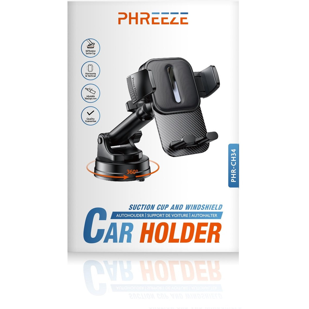 Telefoonhouder voor auto met zuignap. Zwarte houder met verstelbare arm. De verpakking toont de merknaam en productkenmerken.