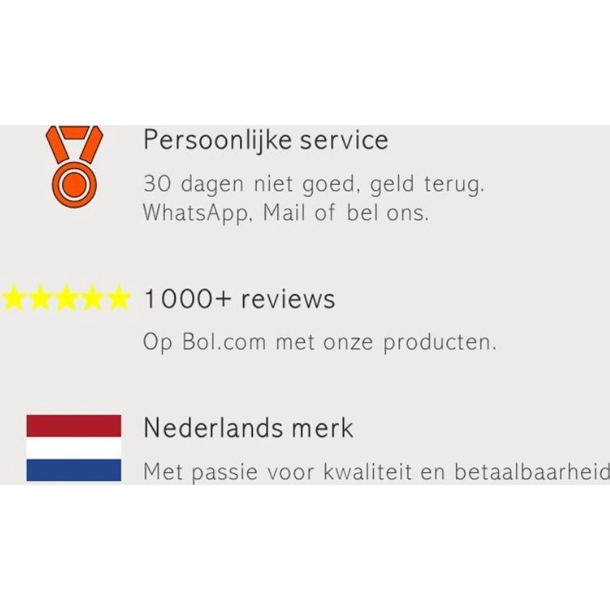 Afbeelding met tekst over klantenservice. Bevat een medaille-icoon, sterren en de Nederlandse vlag. Tekst in het Nederlands.