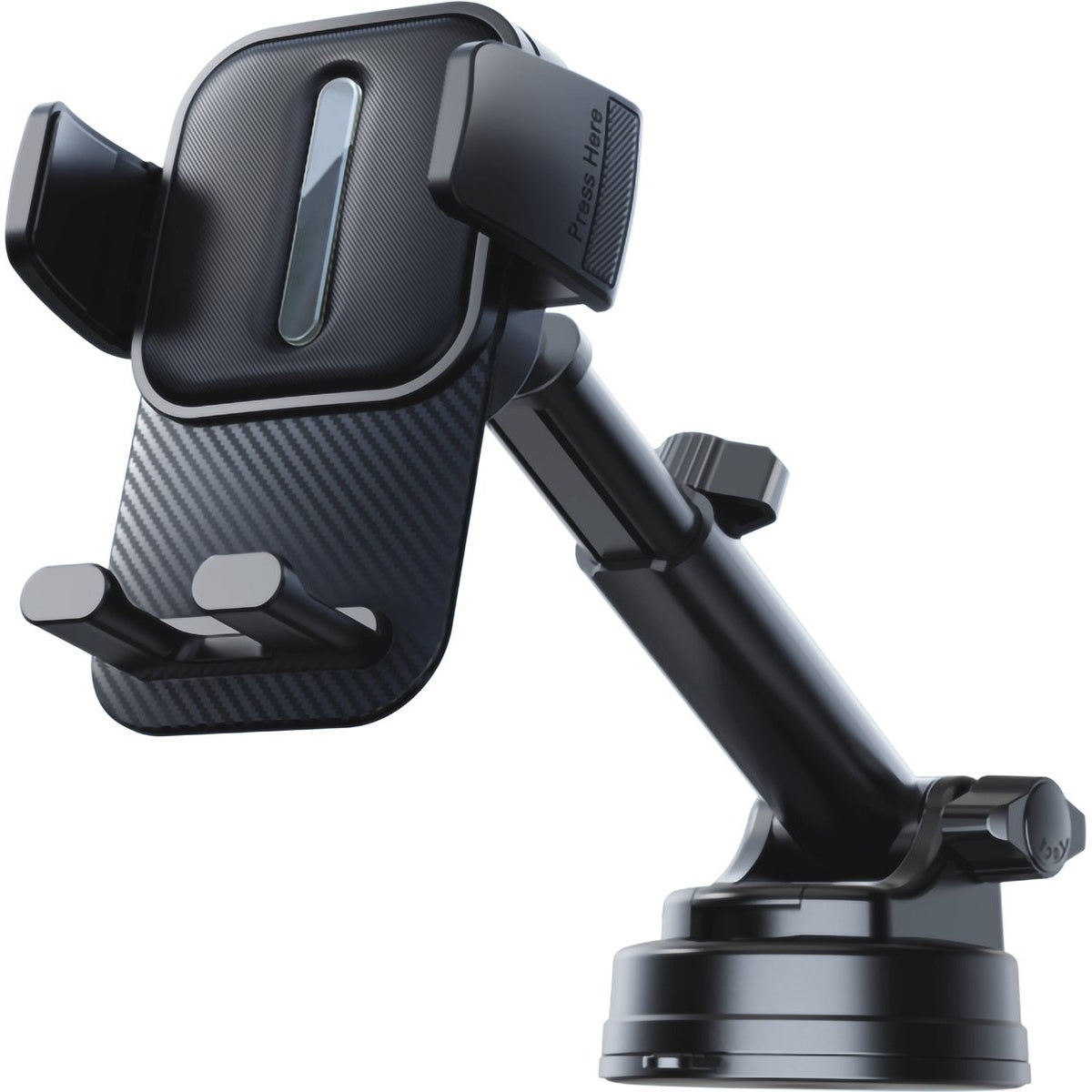 Een zwarte telefoonhouder voor in de auto met een koolstofvezeltextuur, verstelbare arm en zuignap. De woorden 'Press Here' zijn zichtbaar.