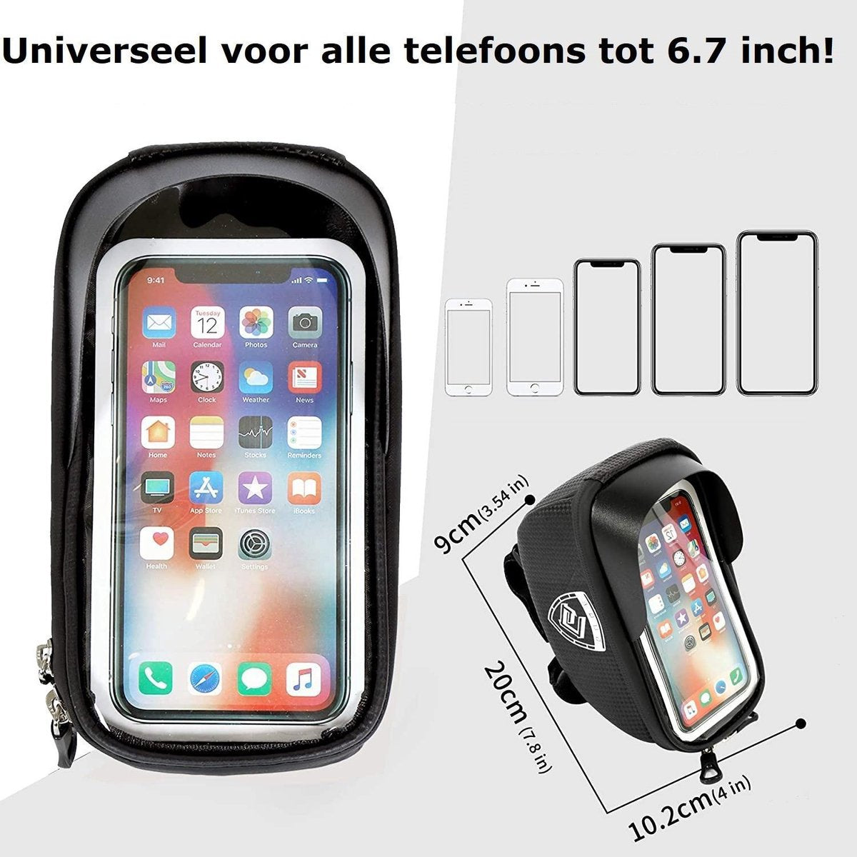 Zwarte telefoonhoes met telefoon erin. Tekst: Universeel voor alle telefoons tot 6.7 inch! Afmetingen worden weergegeven.
