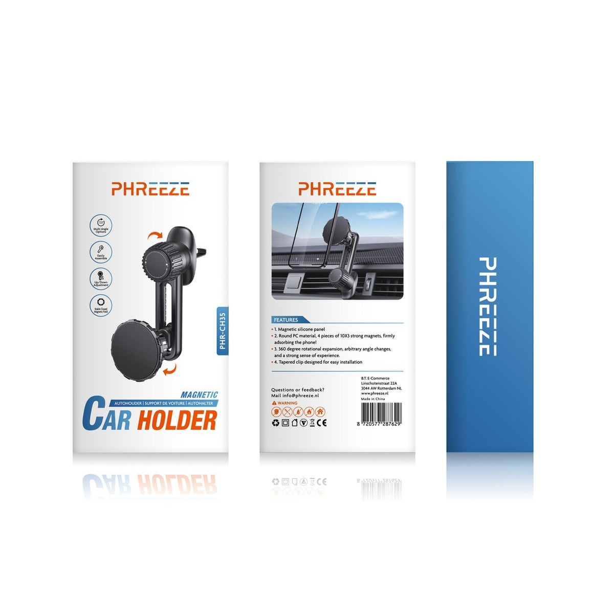 Een productdoos voor een telefoonhouder voor in de auto. Zwarte houder aan de voorkant, de achterkant toont functies. Merknaam is PHREEZE.